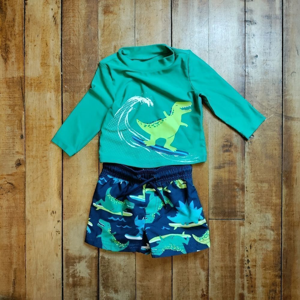Carter swim outfit size 6 months baby boys suit rash guard swim shorts new green